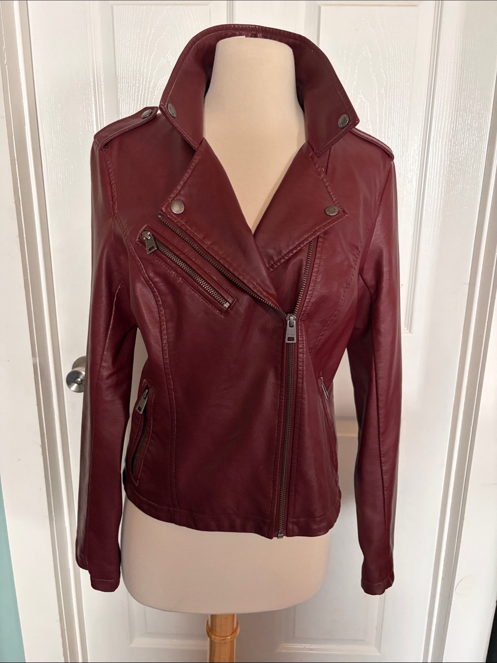 Women’s Burgundy Leather Moto Jacket with Asymmetrical Zip